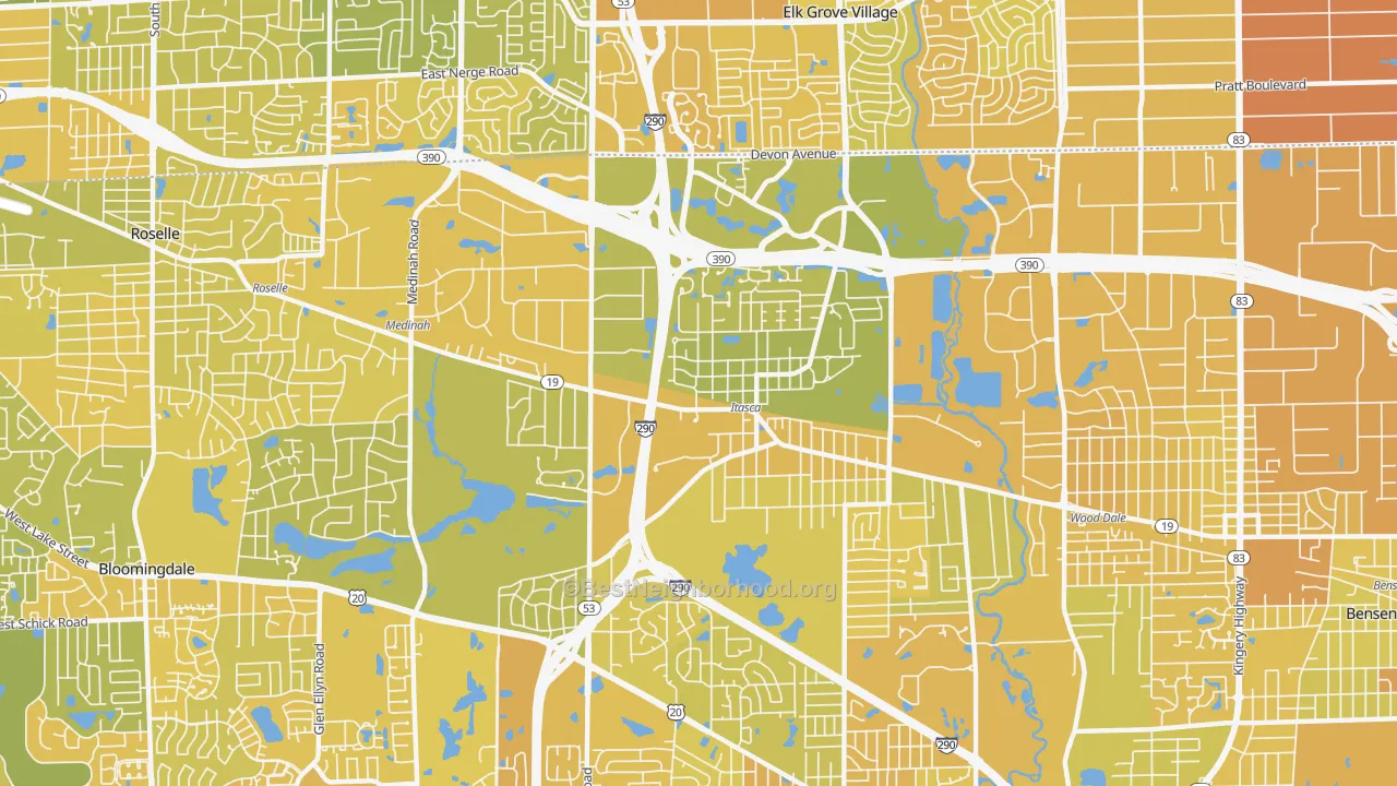 Map of the best neighborhoods in the Itasca area, with better matches in green and worse matches in red