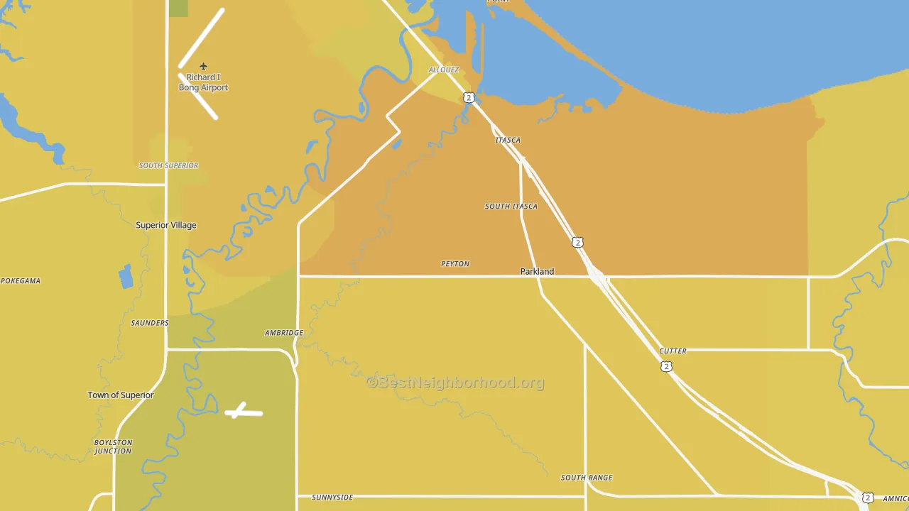 Map of the best neighborhoods in the Itasca area, with better matches in green and worse matches in red