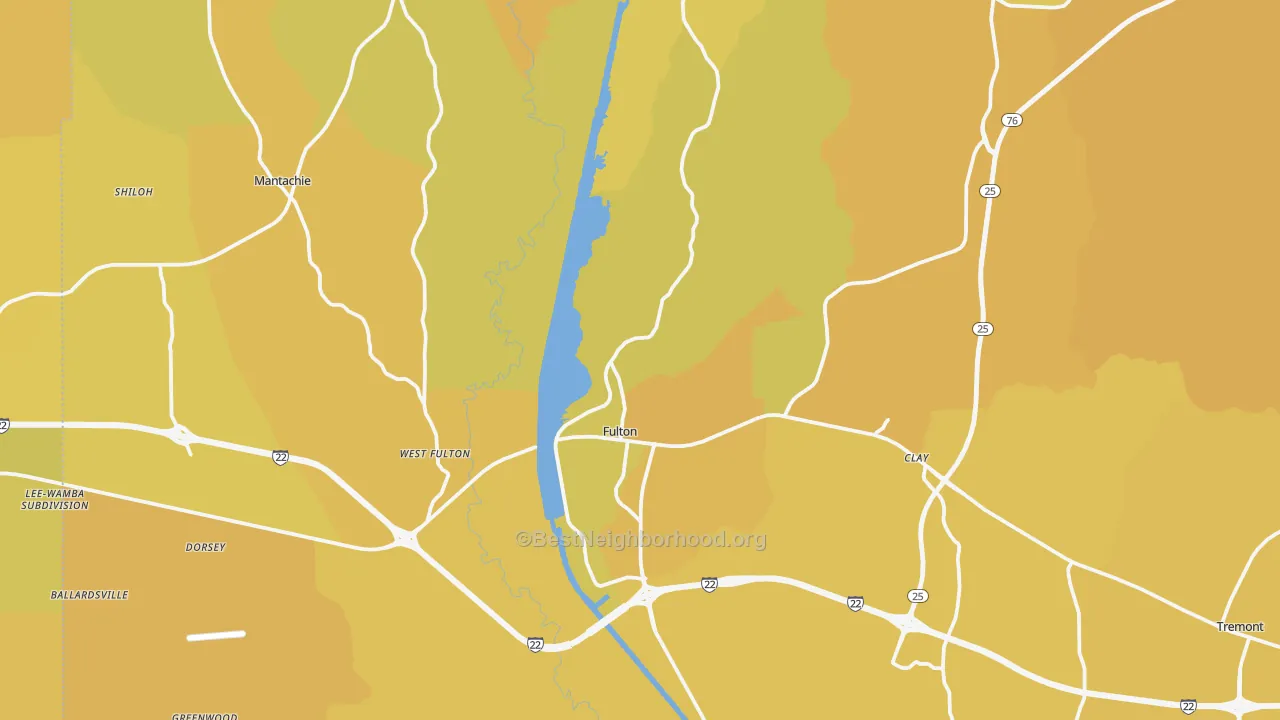 Map of the best neighborhoods in the Itawamba County area, with better matches in green and worse matches in red