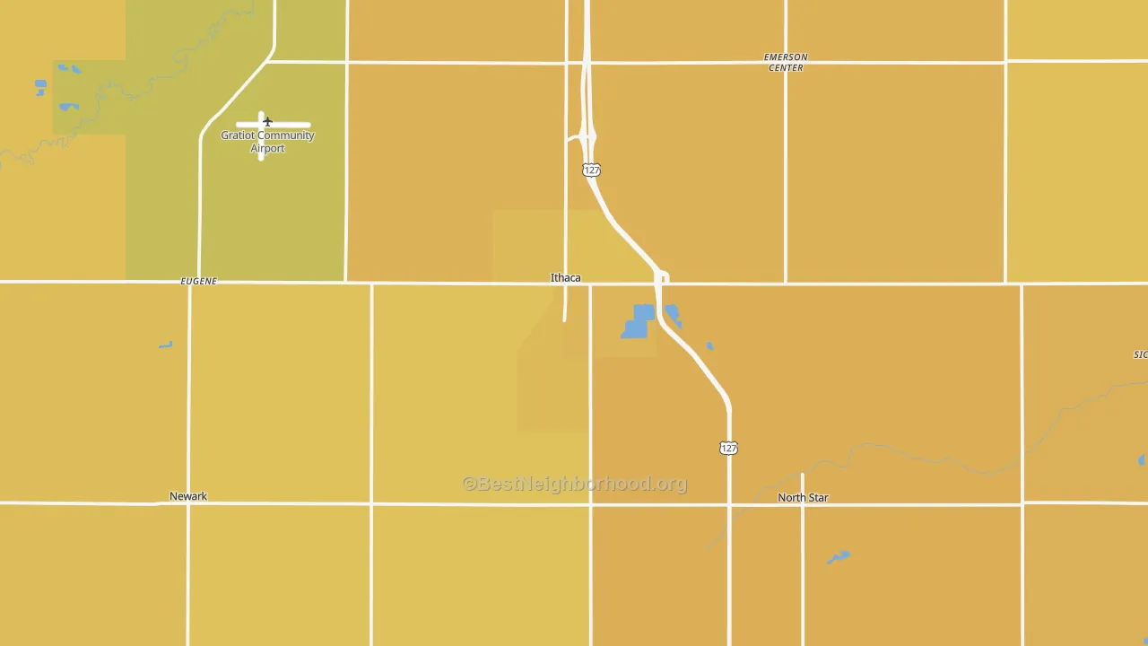 Map of the best neighborhoods in the Ithaca area, with better matches in green and worse matches in red