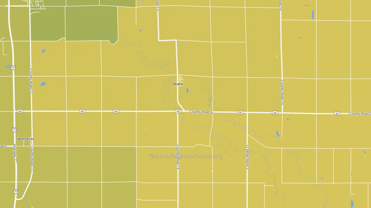 Map of the best neighborhoods in the Ithaca area, with better matches in green and worse matches in red