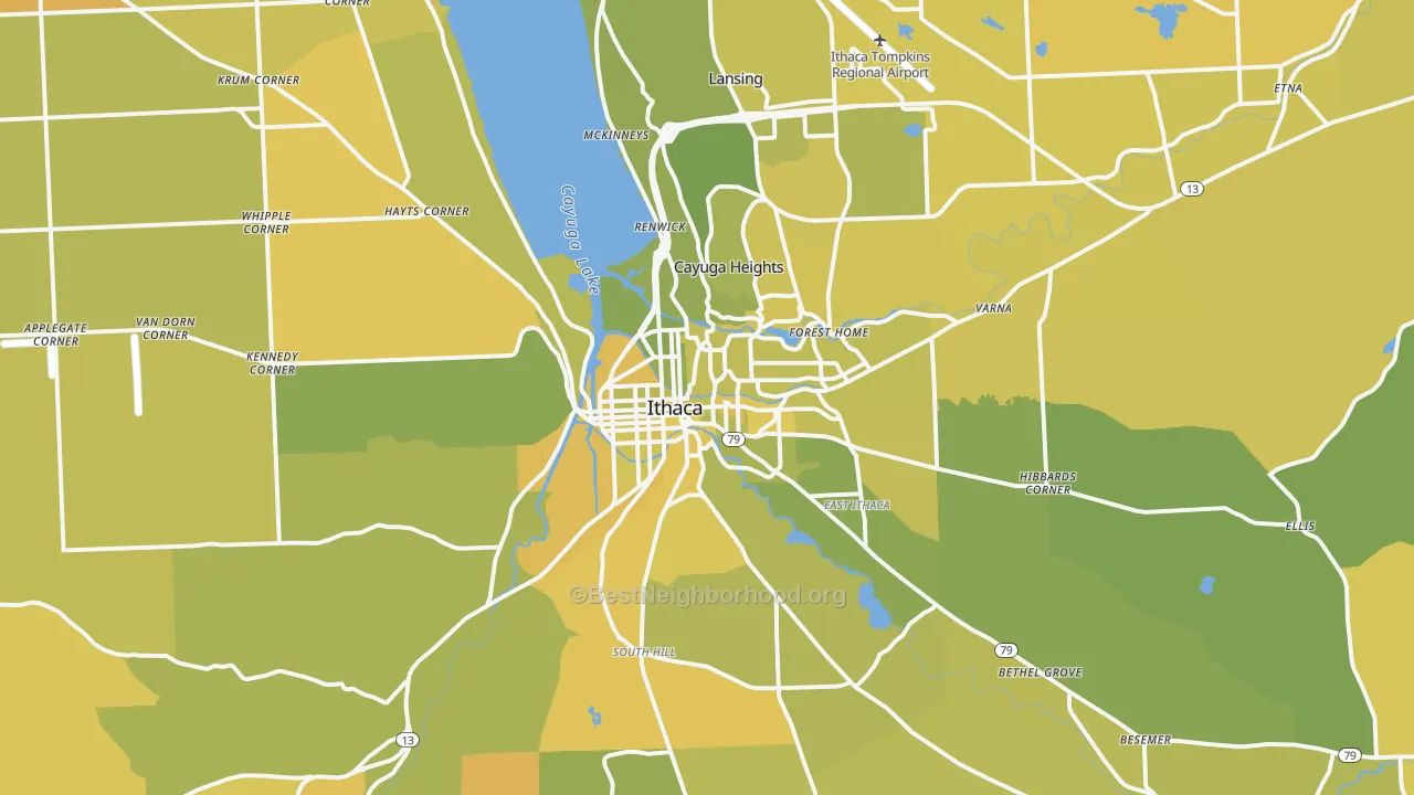 Map of the best neighborhoods in the Ithaca Metro area, with better matches in green and worse matches in red