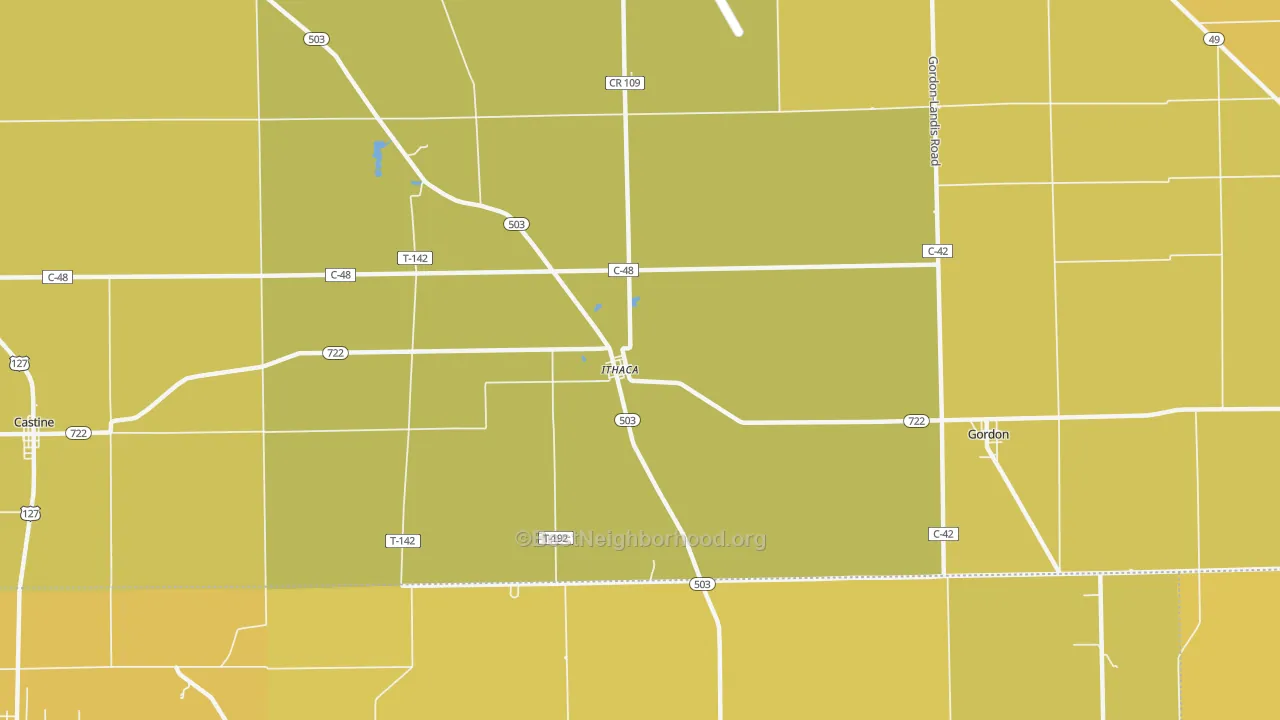 Map of the best neighborhoods in the Ithaca area, with better matches in green and worse matches in red