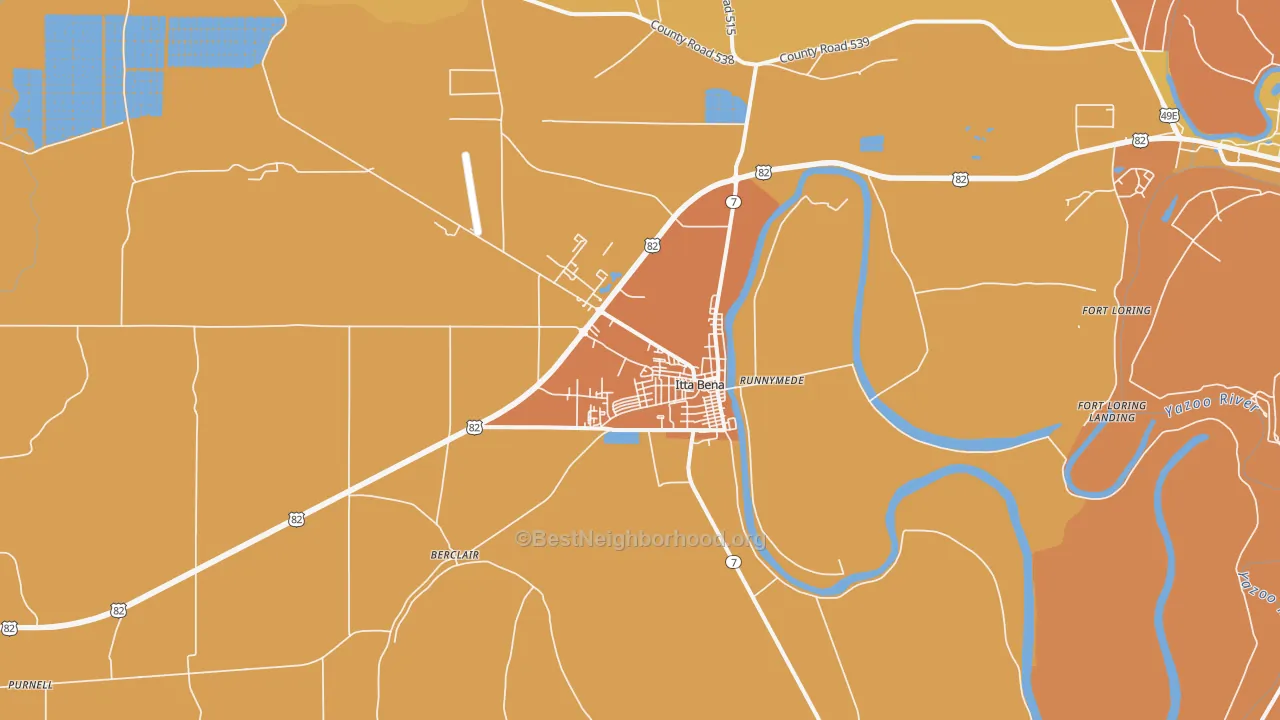 Map of the best neighborhoods in the Itta Bena area, with better matches in green and worse matches in red