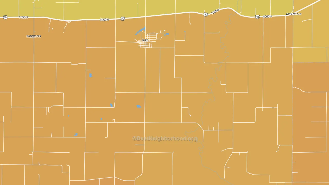 Map of the best neighborhoods in the Iuka area, with better matches in green and worse matches in red