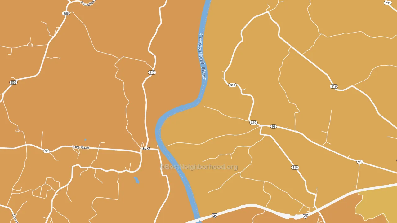 Map of the best neighborhoods in the Iuka area, with better matches in green and worse matches in red