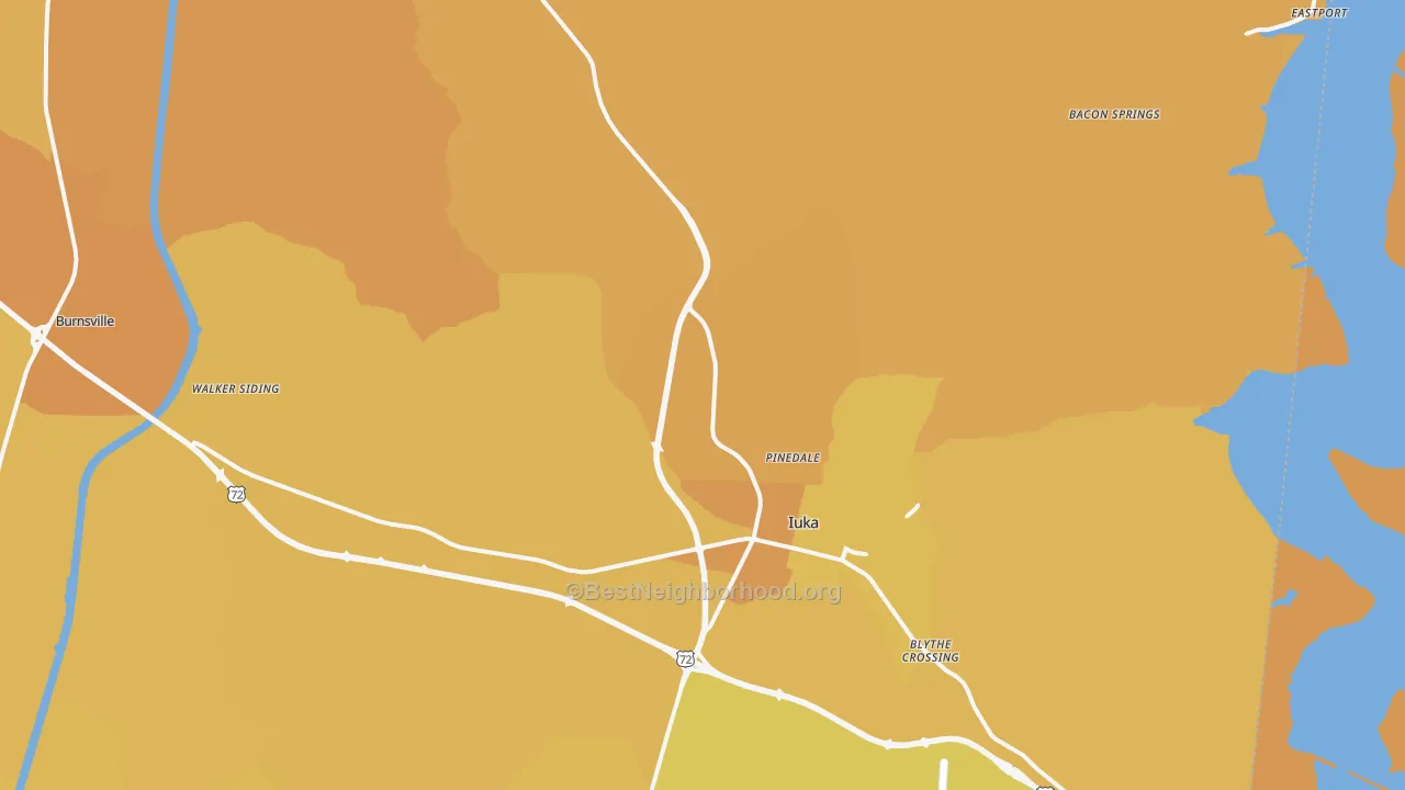 Map of the best neighborhoods in the Iuka area, with better matches in green and worse matches in red