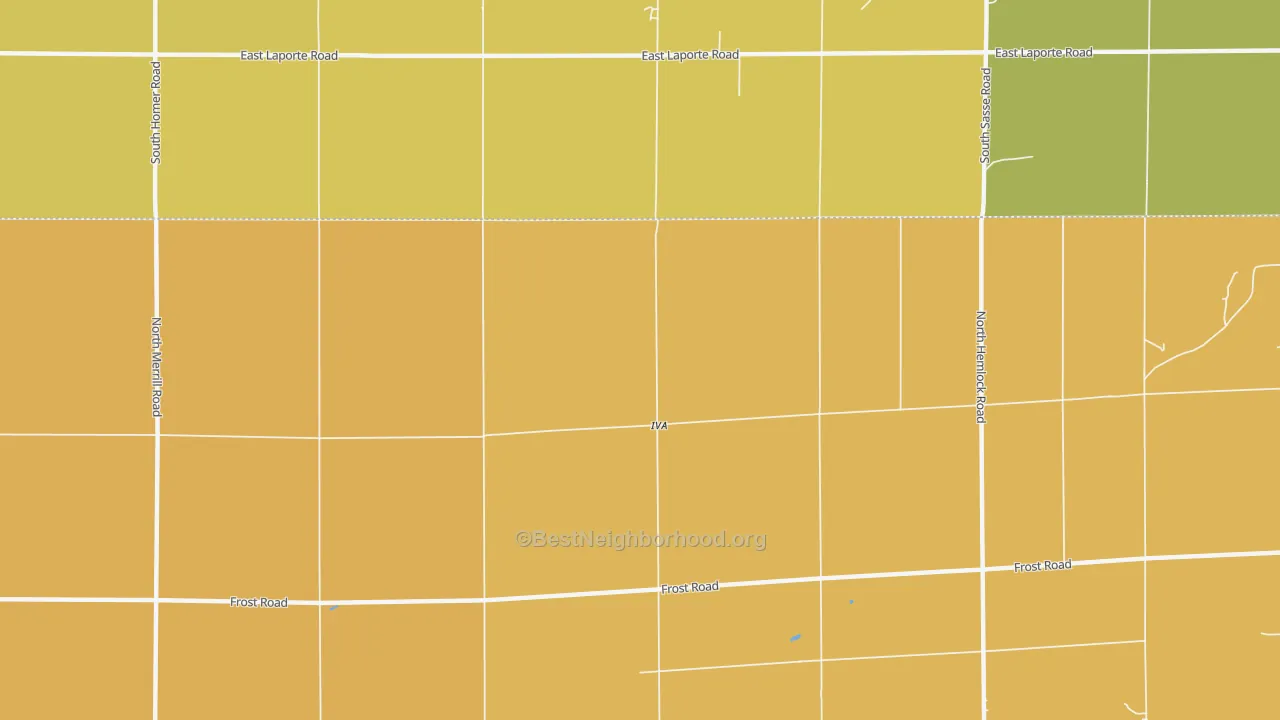 Map of the best neighborhoods in the Iva area, with better matches in green and worse matches in red