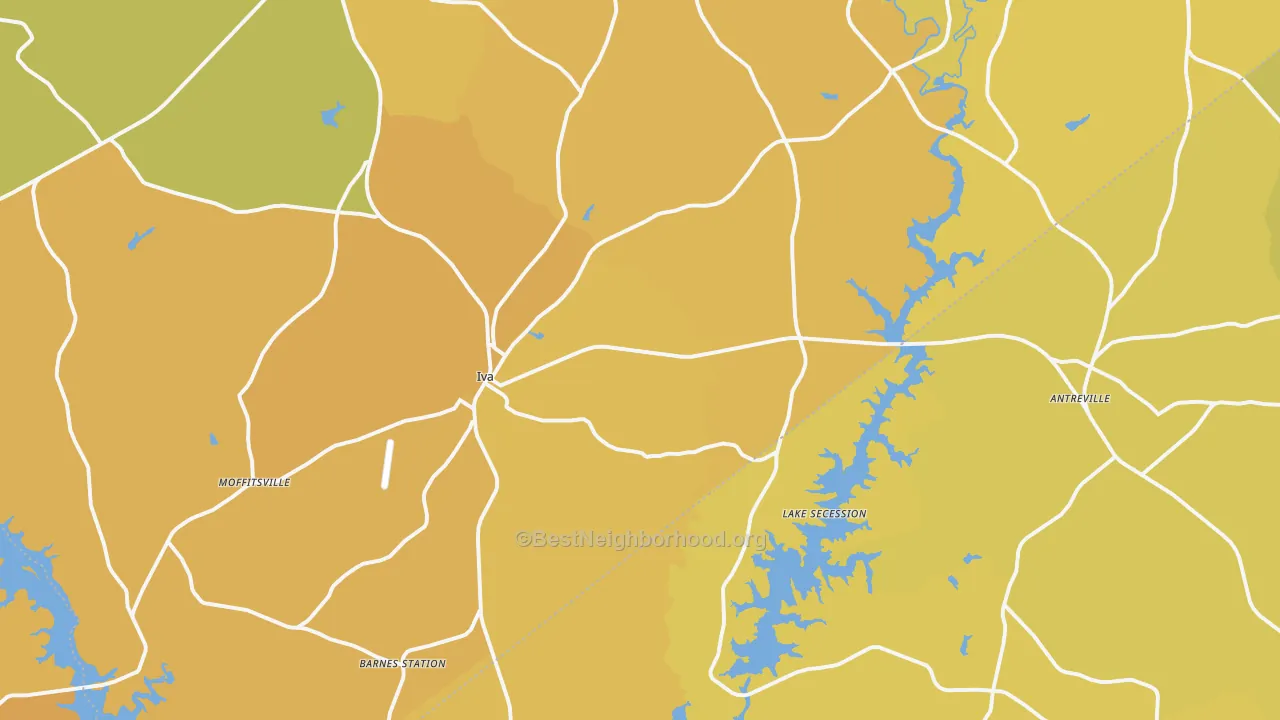 Map of the best neighborhoods in the Iva area, with better matches in green and worse matches in red