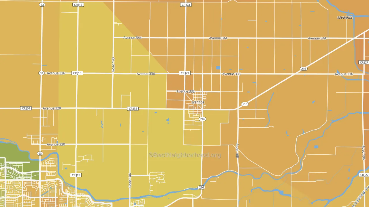 Map of the best neighborhoods in the Ivanhoe area, with better matches in green and worse matches in red