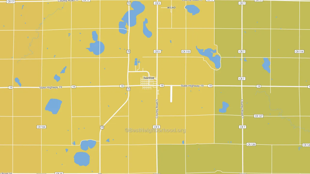 Map of the best neighborhoods in the Ivanhoe area, with better matches in green and worse matches in red
