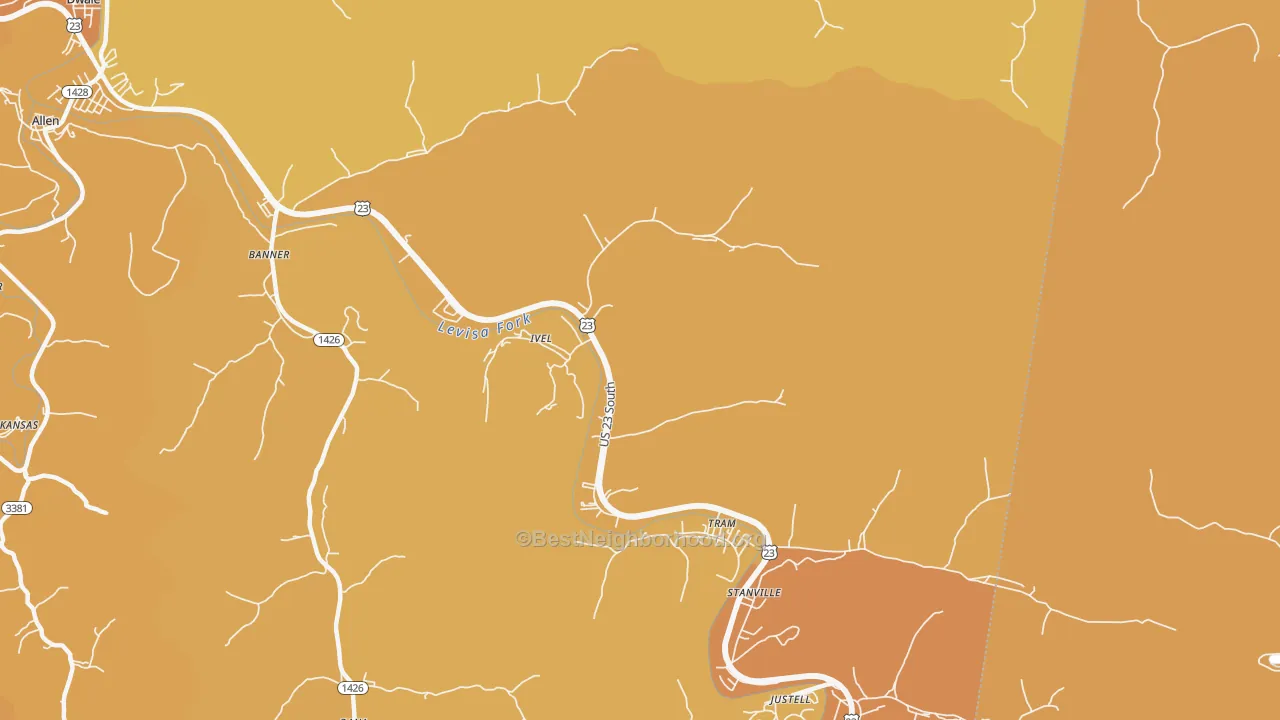 Map of the best neighborhoods in the Ivel area, with better matches in green and worse matches in red