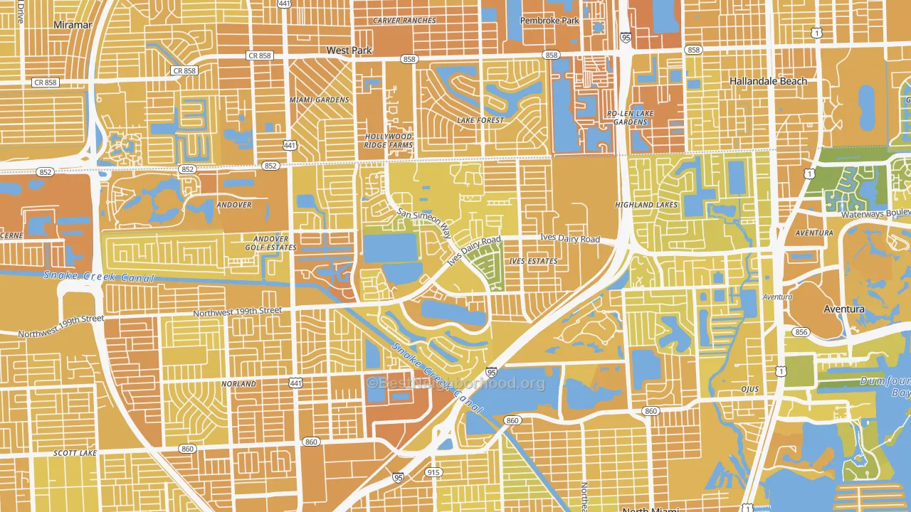 Map of the best neighborhoods in the Ives Estates area, with better matches in green and worse matches in red