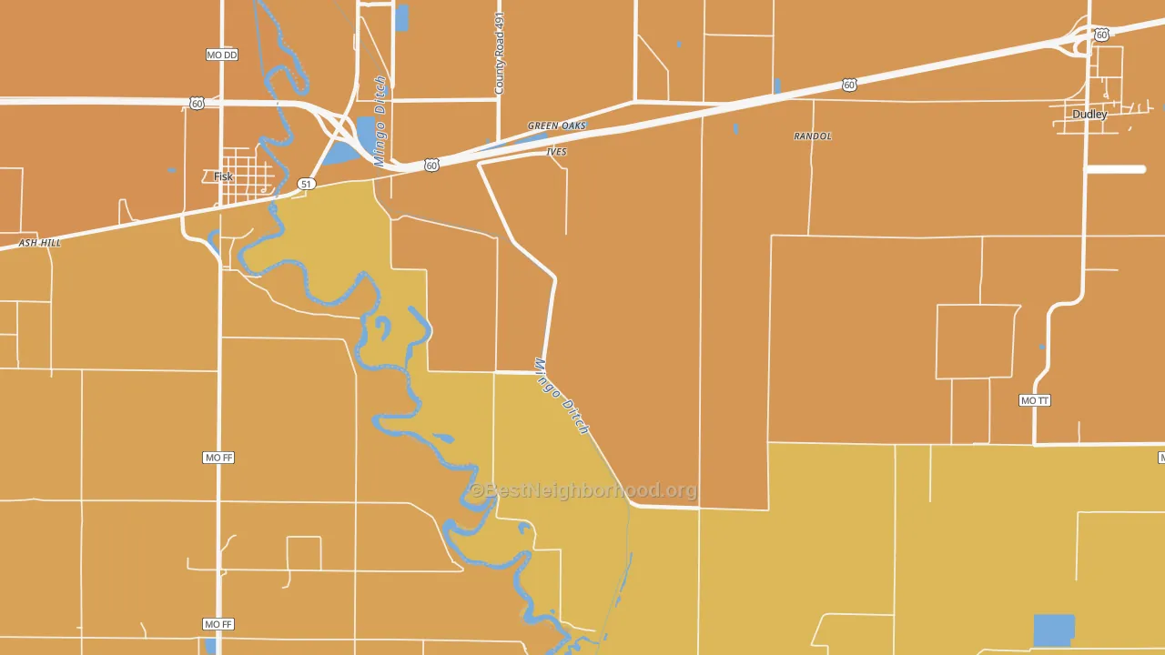 Map of the best neighborhoods in the Ives area, with better matches in green and worse matches in red