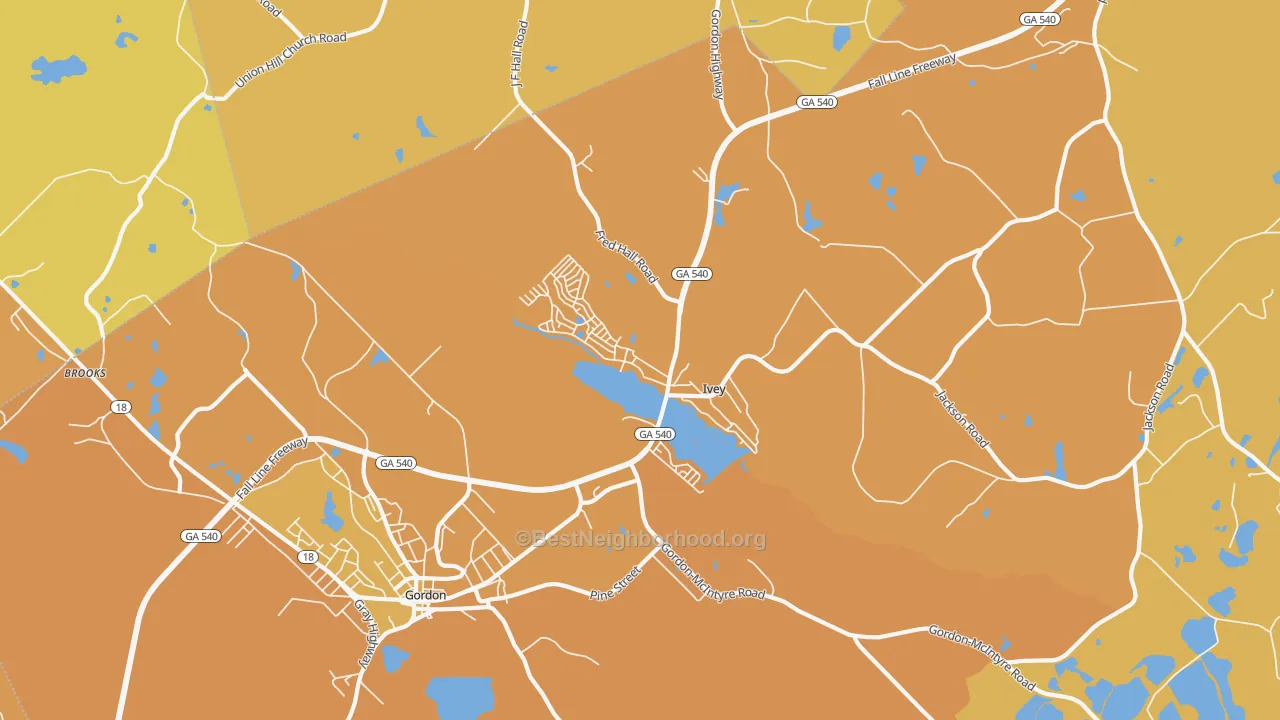 Map of the best neighborhoods in the Ivey area, with better matches in green and worse matches in red