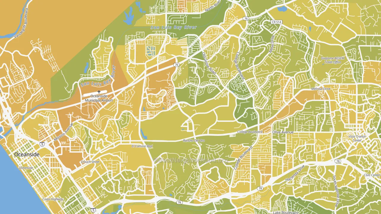 Map of the best neighborhoods in the Ivey Ranch-Rancho del Oro, Oceanside area, with better matches in green and worse matches in red
