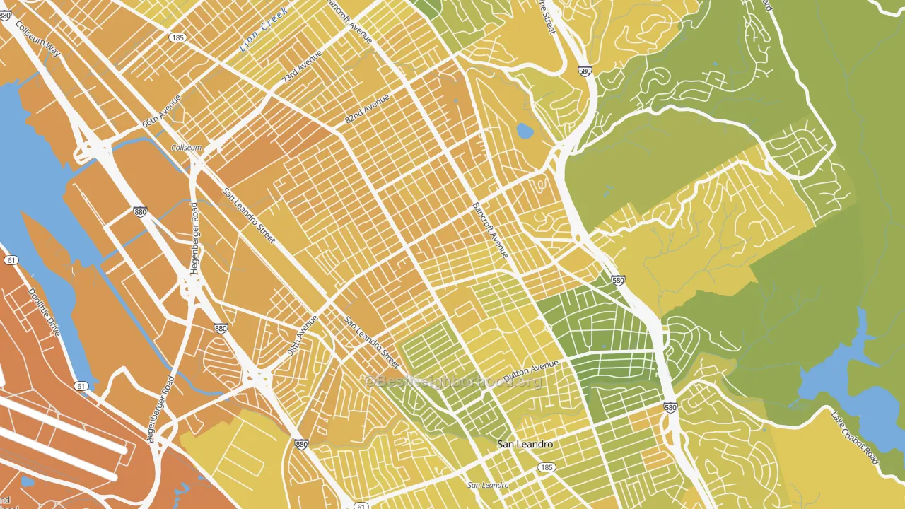 Map of the best neighborhoods in the Iveywood, Oakland area, with better matches in green and worse matches in red