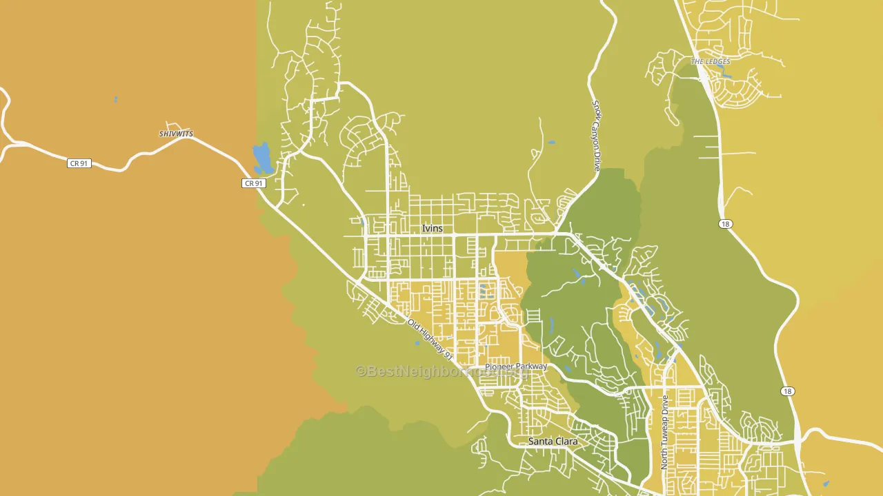 Map of the best neighborhoods in the Ivins area, with better matches in green and worse matches in red