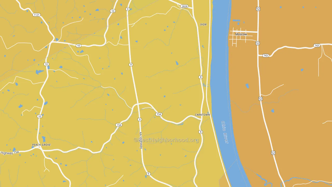 Map of the best neighborhoods in the Ivor area, with better matches in green and worse matches in red