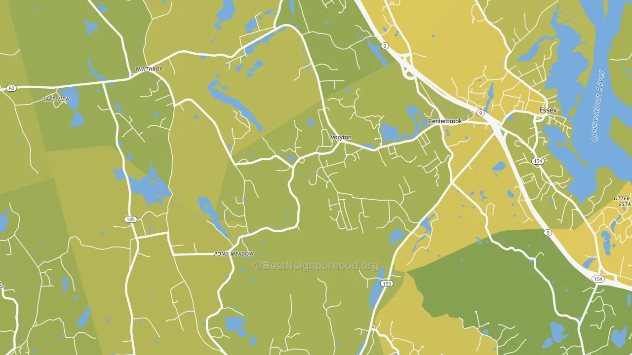 Map of the best neighborhoods in the Ivoryton area, with better matches in green and worse matches in red