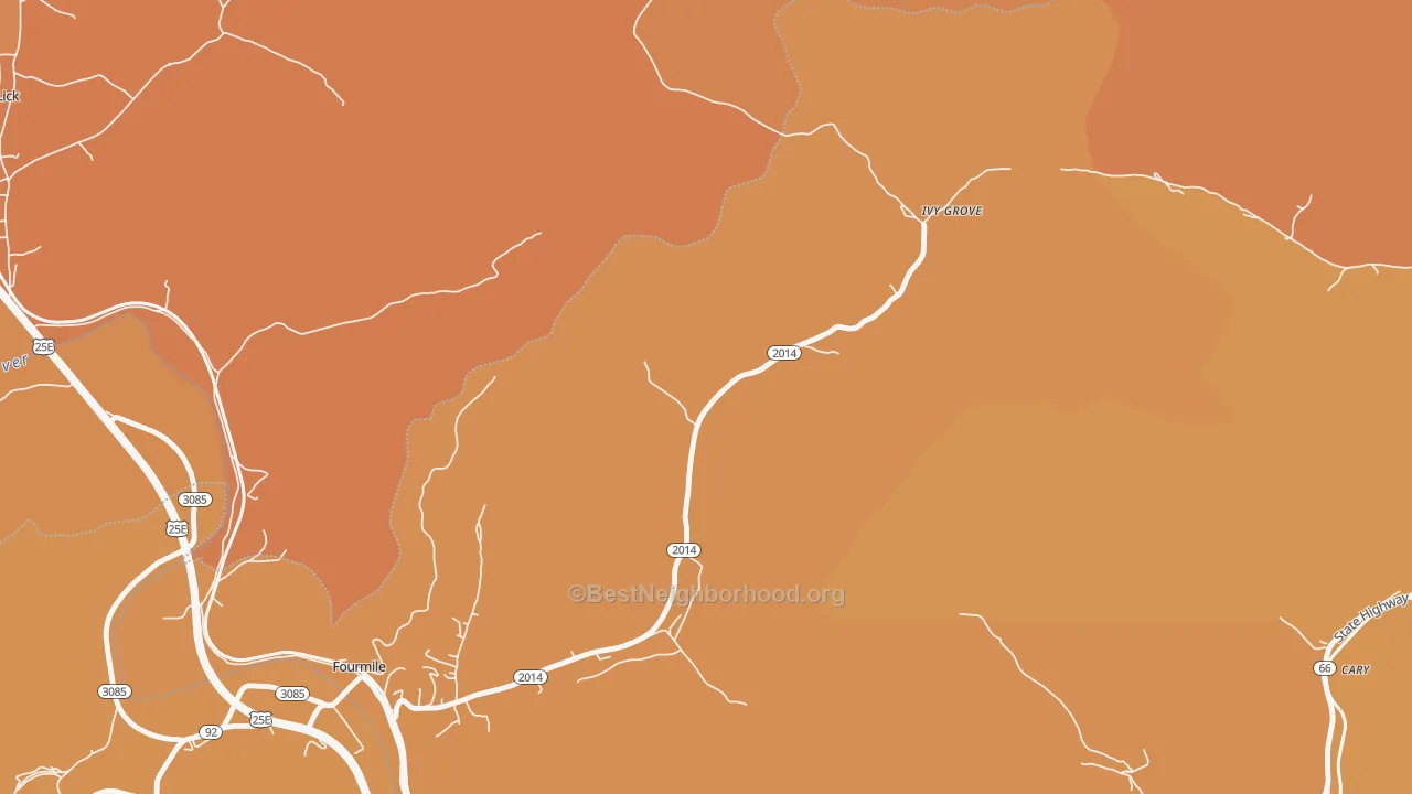Map of the best neighborhoods in the Ivy Grove area, with better matches in green and worse matches in red