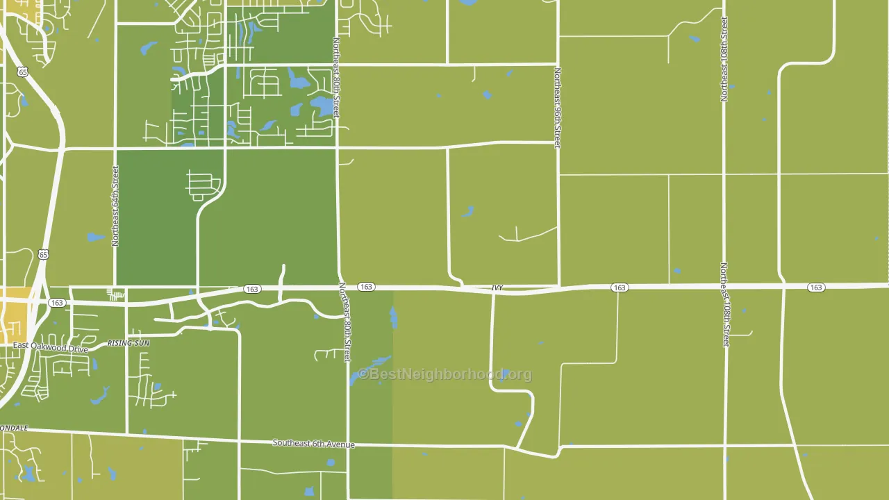 Map of the best neighborhoods in the Ivy area, with better matches in green and worse matches in red