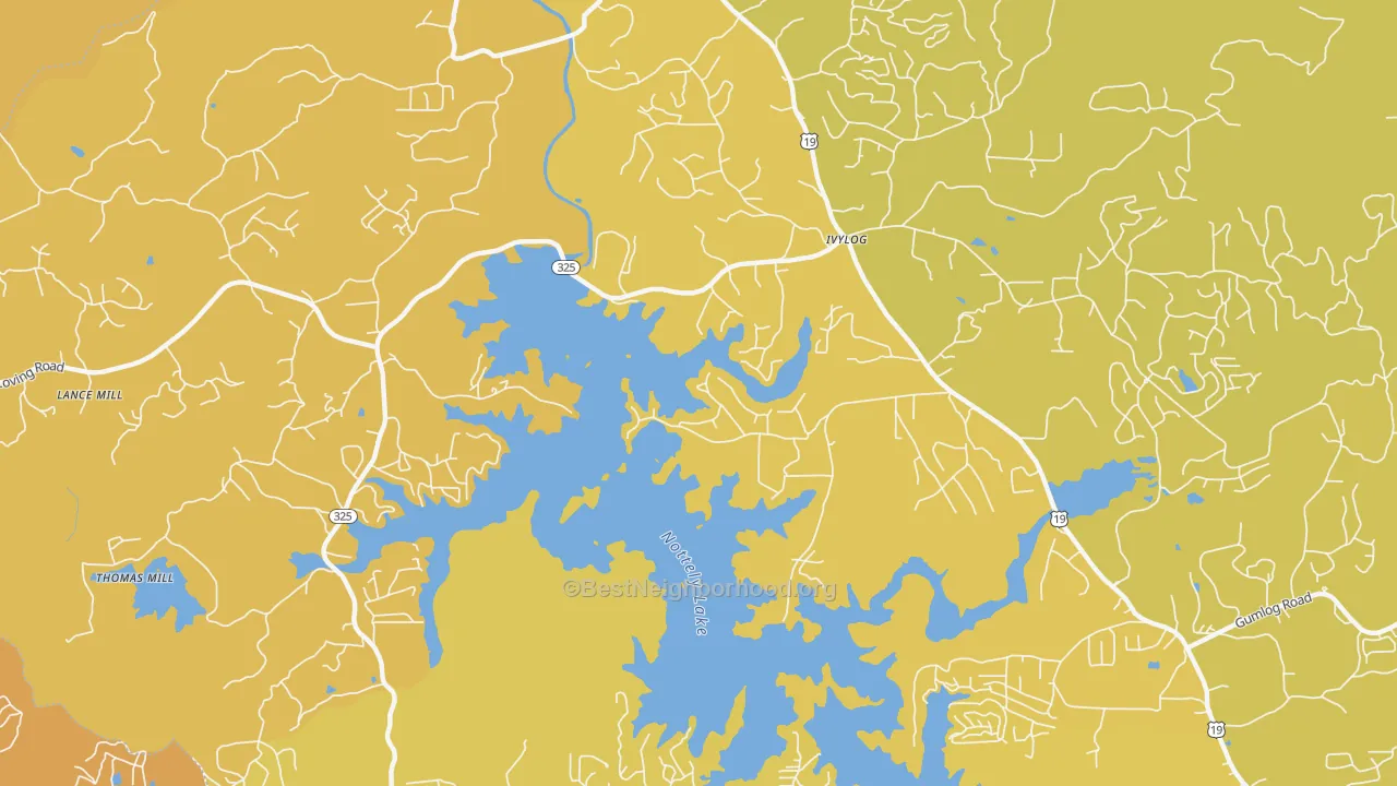 Map of the best neighborhoods in the Ivy Log area, with better matches in green and worse matches in red