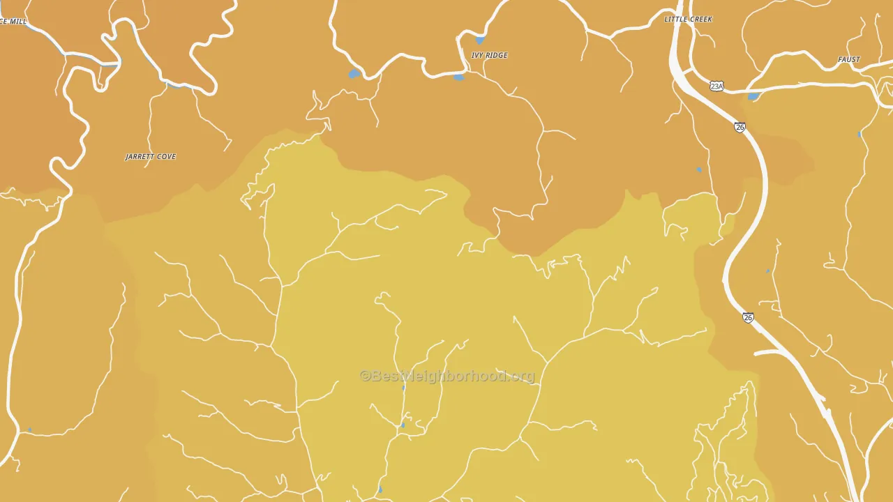 Map of the best neighborhoods in the Ivy Ridge area, with better matches in green and worse matches in red