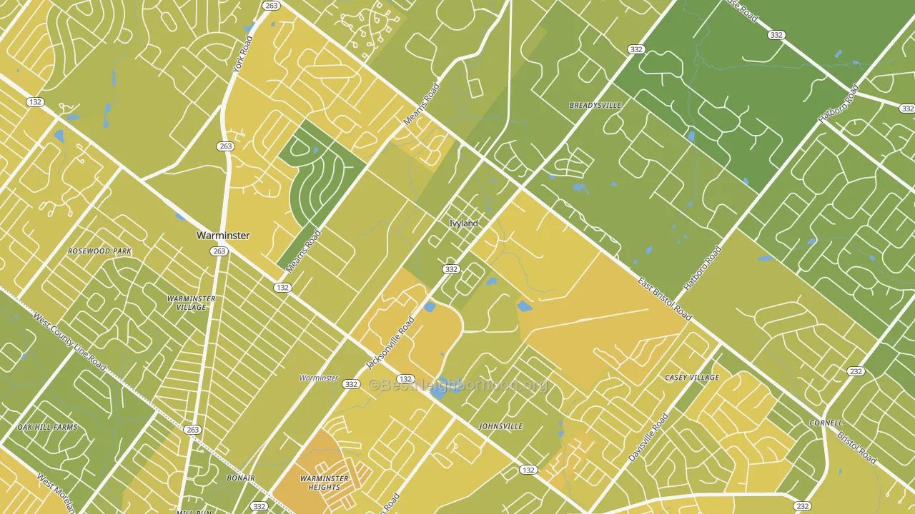 Map of the best neighborhoods in the Ivyland area, with better matches in green and worse matches in red