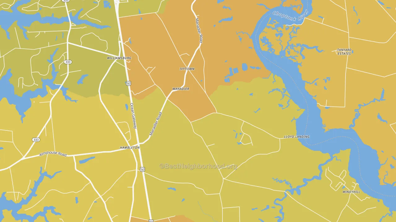 Map of the best neighborhoods in the Ivytown area, with better matches in green and worse matches in red