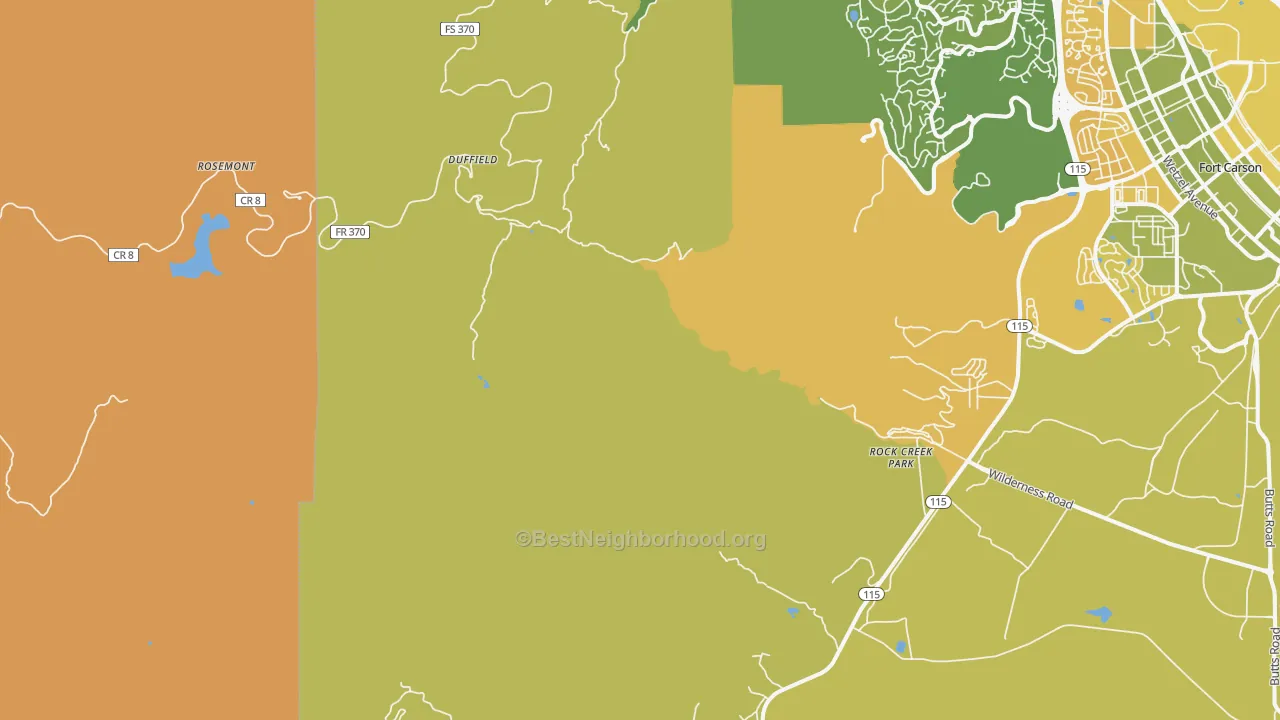 Map of the best neighborhoods in the Ivywild area, with better matches in green and worse matches in red