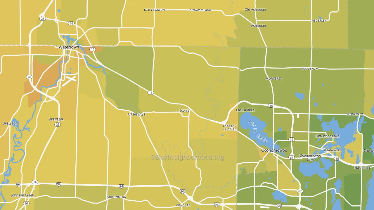 Map of the best neighborhoods in the Ixonia area, with better matches in green and worse matches in red