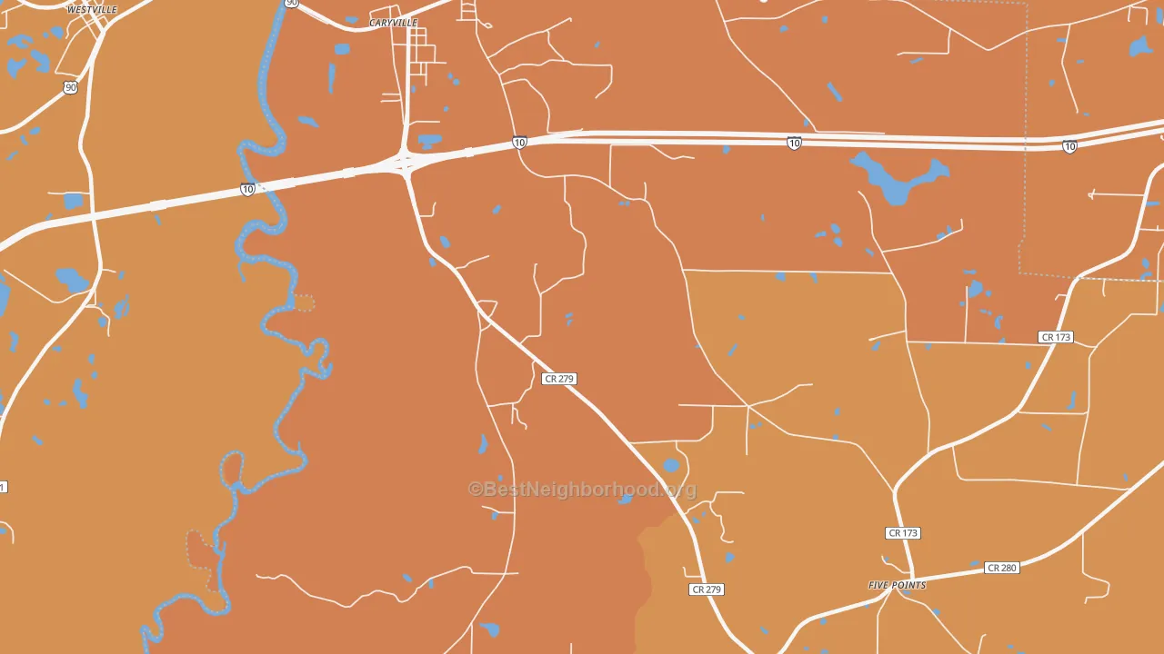 Map of the best neighborhoods in the Izagora area, with better matches in green and worse matches in red