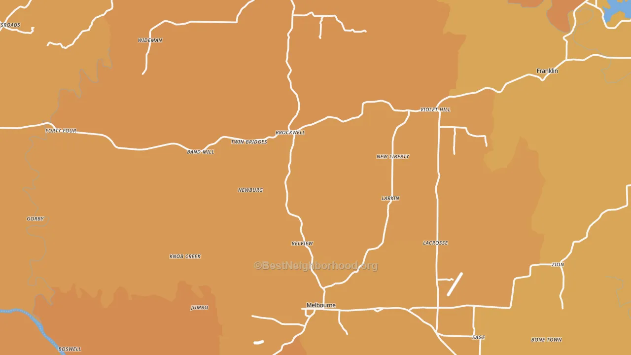 Map of the best neighborhoods in the Izard County area, with better matches in green and worse matches in red