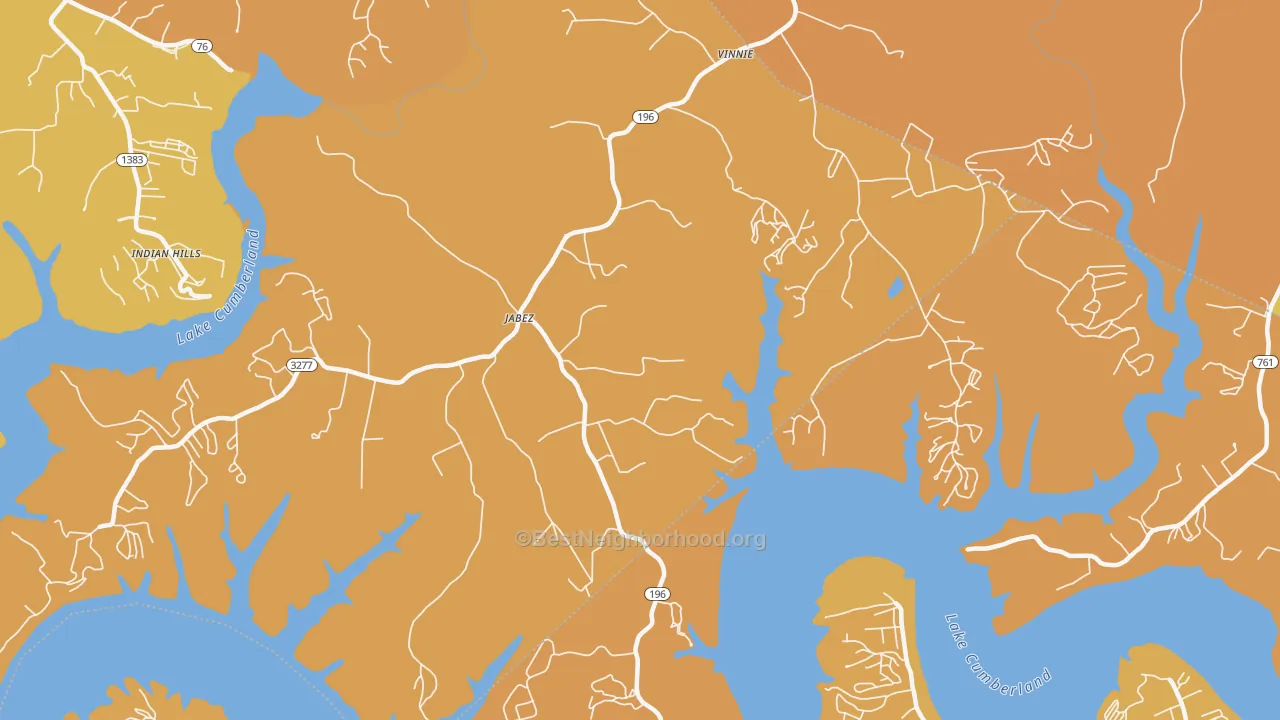 Map of the best neighborhoods in the Jabez area, with better matches in green and worse matches in red