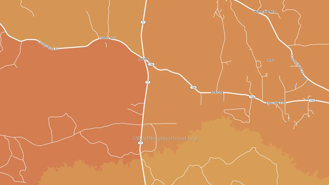 Map of the best neighborhoods in the Jachin area, with better matches in green and worse matches in red