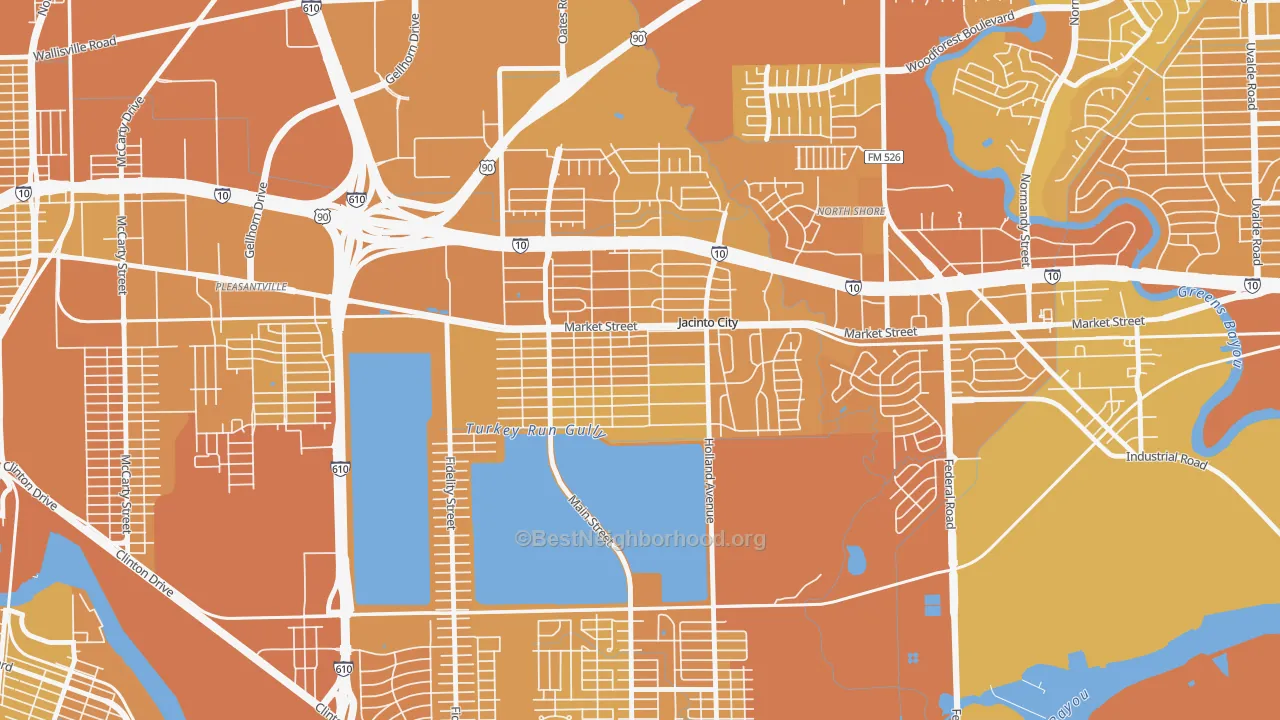Map of the best neighborhoods in the Jacinto City area, with better matches in green and worse matches in red