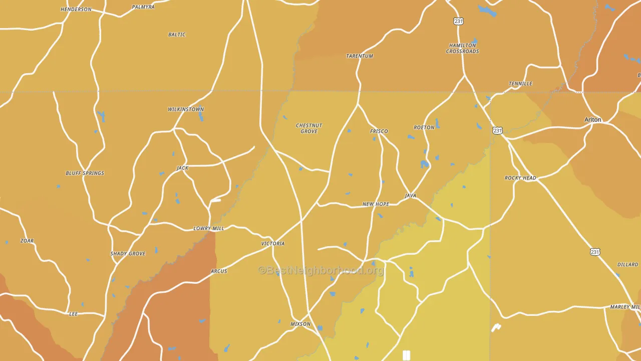 Map of the best neighborhoods in the Jack area, with better matches in green and worse matches in red