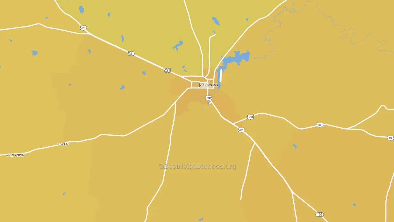 Map of the best neighborhoods in the Jack County area, with better matches in green and worse matches in red