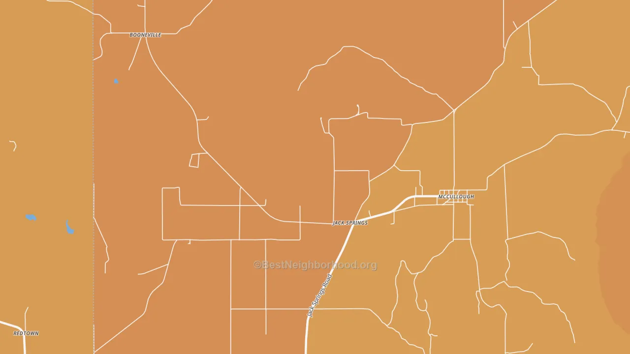 Map of the best neighborhoods in the Jack Springs area, with better matches in green and worse matches in red