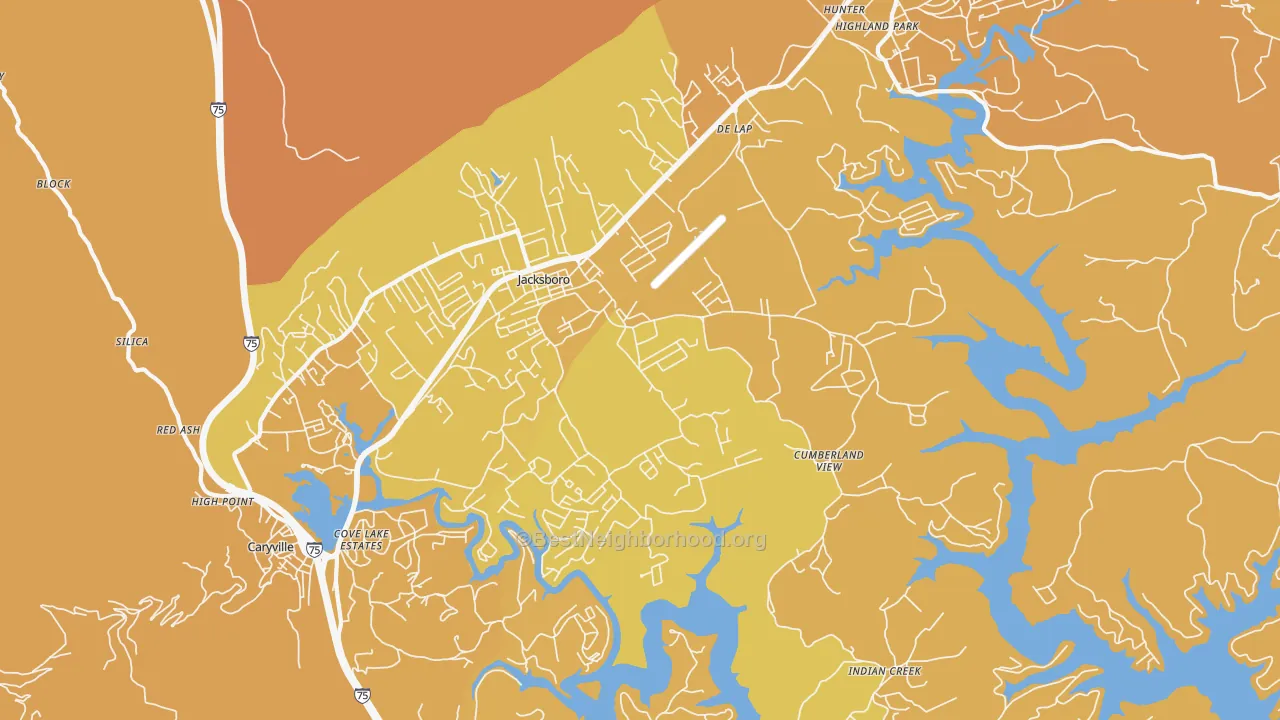 Map of the best neighborhoods in the Jacksboro area, with better matches in green and worse matches in red