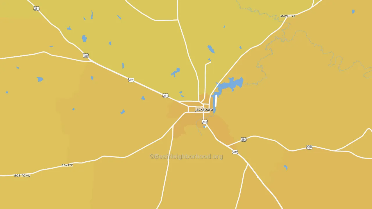 Map of the best neighborhoods in the Jacksboro area, with better matches in green and worse matches in red