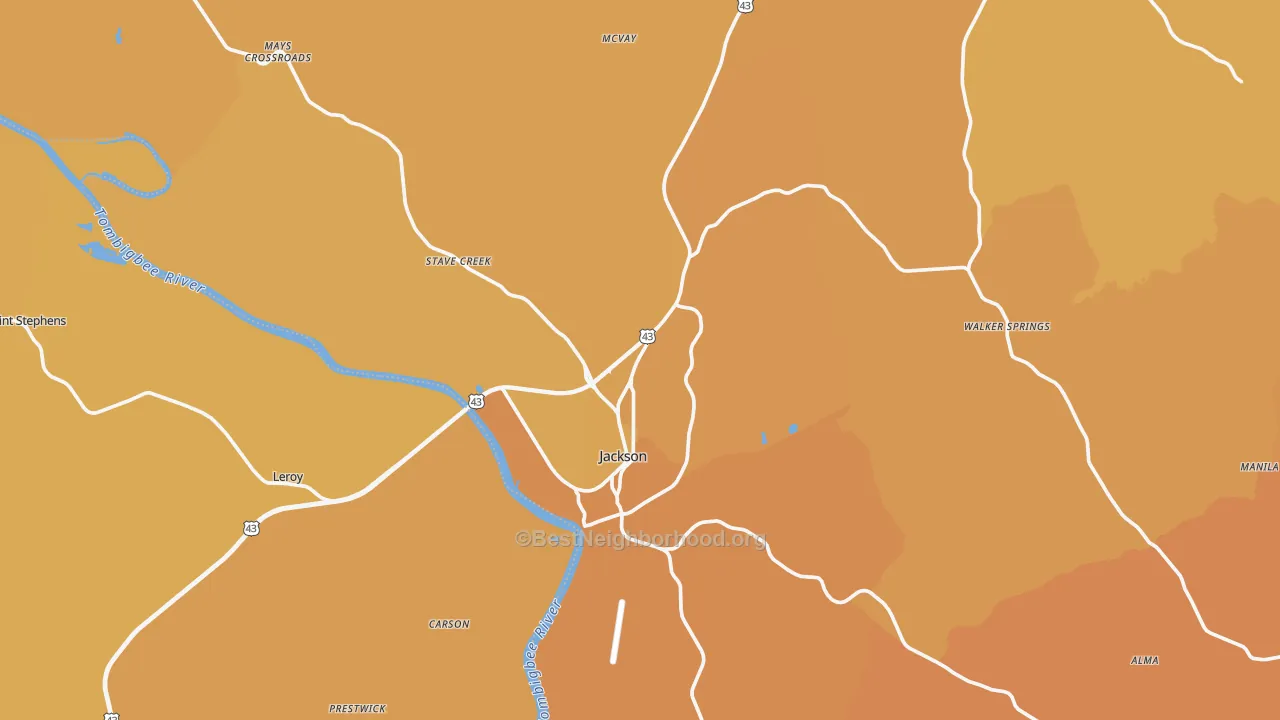 Map of the best neighborhoods in the Jackson area, with better matches in green and worse matches in red