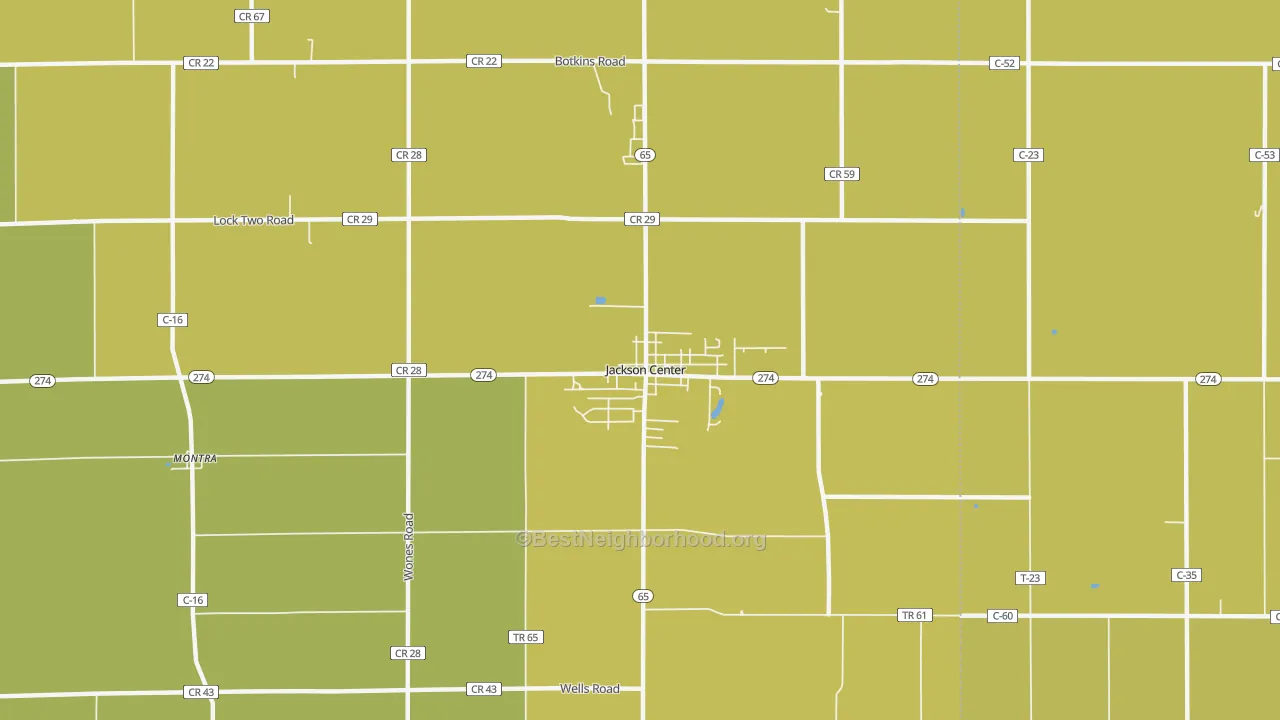 Map of the best neighborhoods in the Jackson Center area, with better matches in green and worse matches in red
