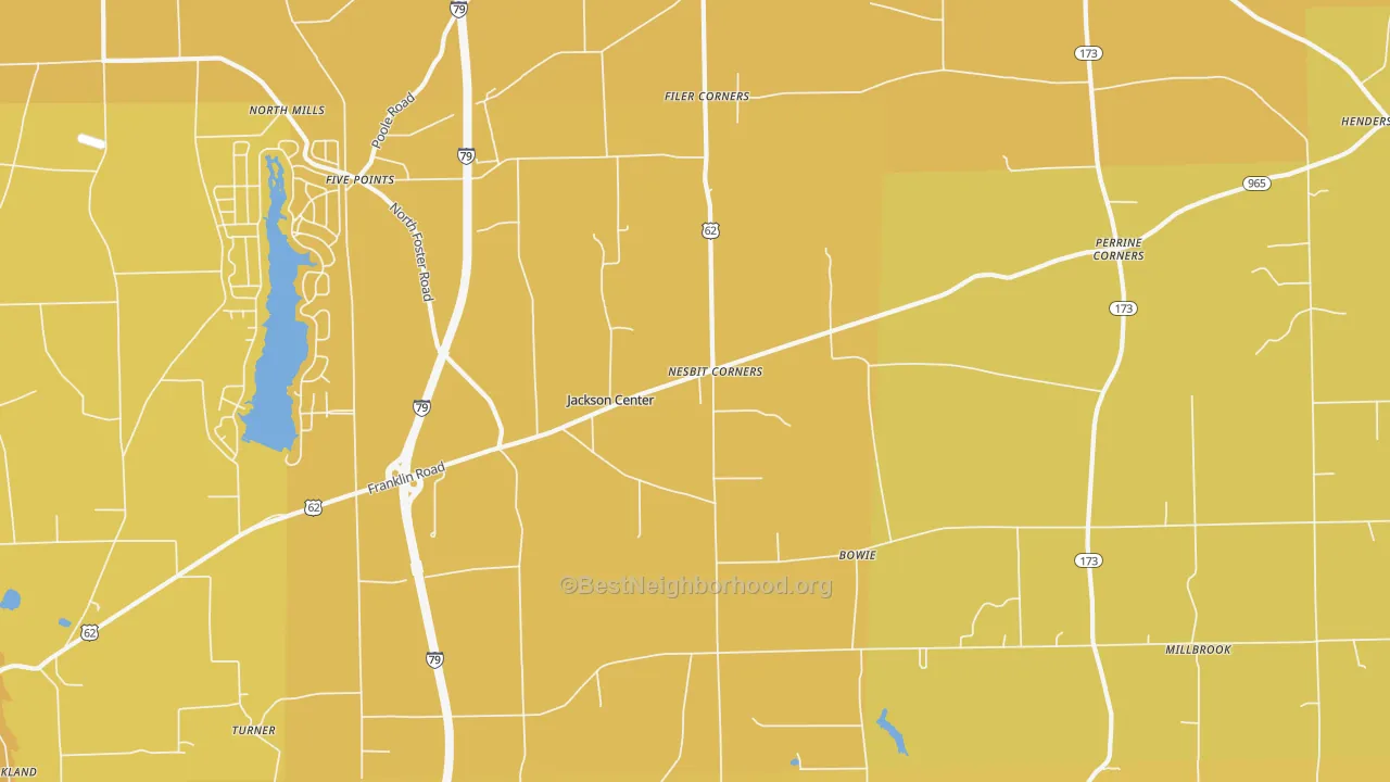 Map of the best neighborhoods in the Jackson Center area, with better matches in green and worse matches in red