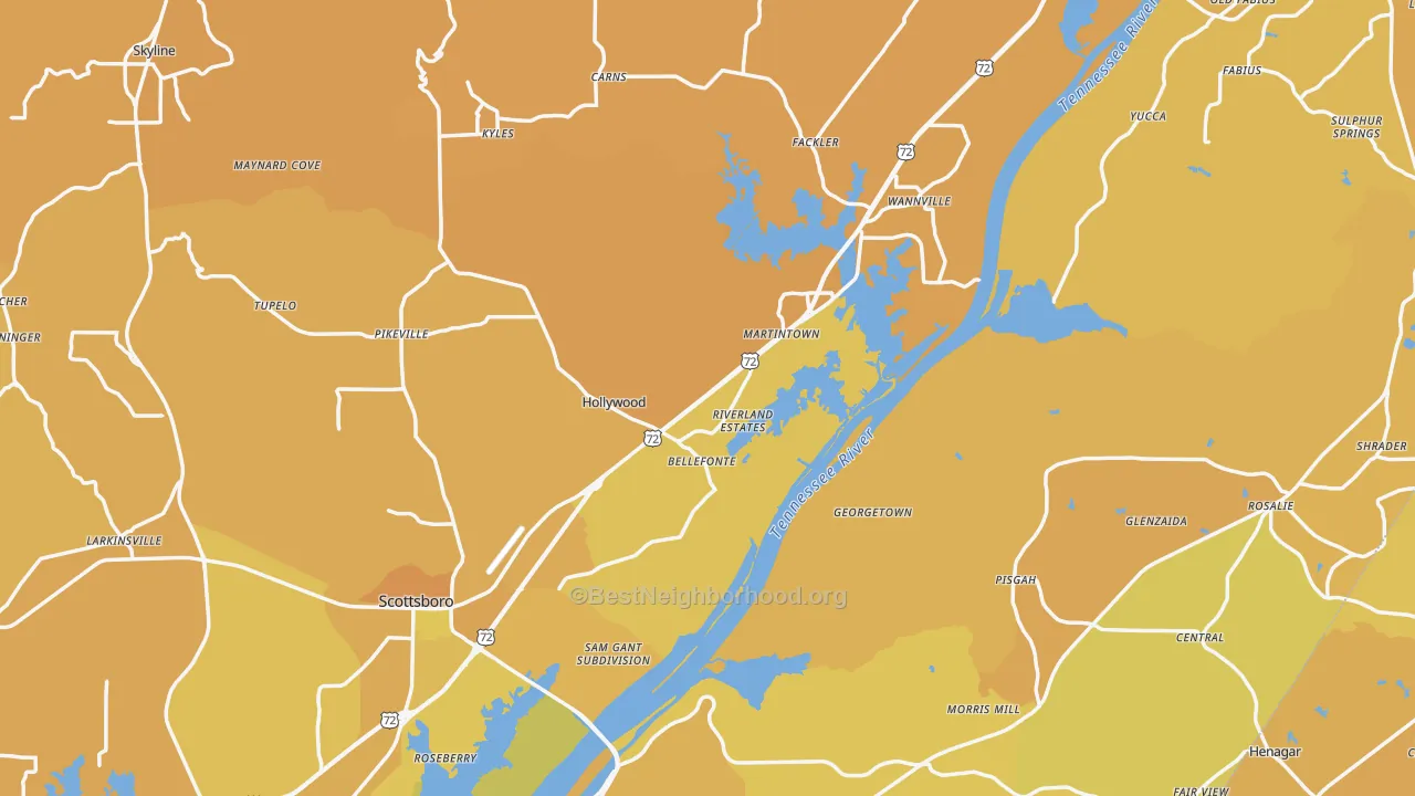 Map of the best neighborhoods in the Jackson County area, with better matches in green and worse matches in red