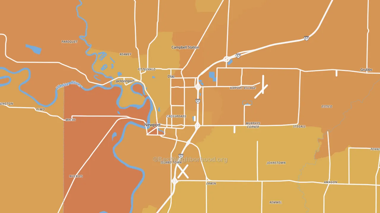 Map of the best neighborhoods in the Jackson County area, with better matches in green and worse matches in red