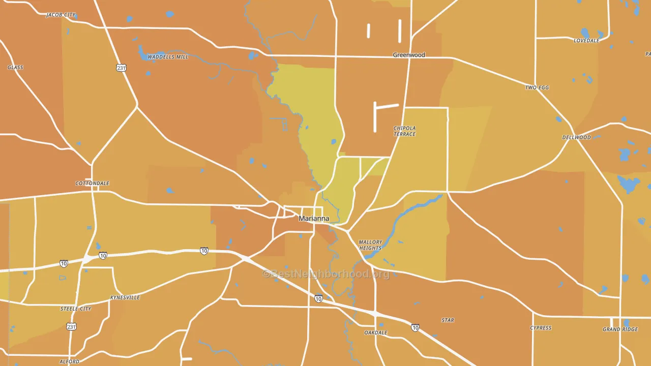 Map of the best neighborhoods in the Jackson County area, with better matches in green and worse matches in red