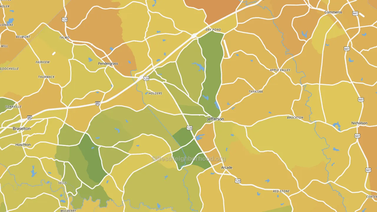 Map of the best neighborhoods in the Jackson County area, with better matches in green and worse matches in red
