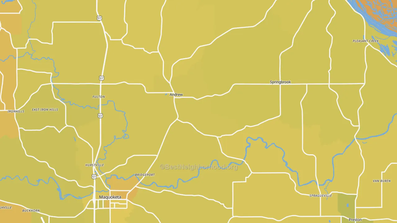 Map of the best neighborhoods in the Jackson County area, with better matches in green and worse matches in red